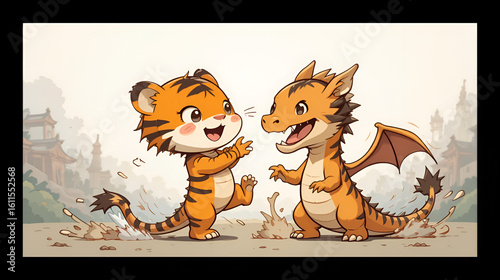 A silly and adorable chibi tiger vs. dragon battle, where both characters have exaggerated puffy cheeks and oversized heads. The tiger, standing on its hind legs, flails its little arms