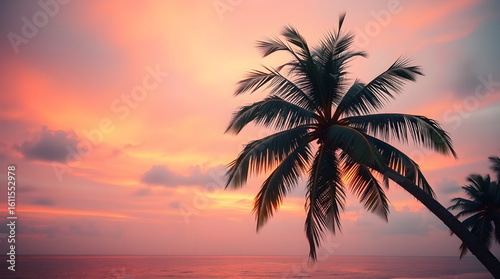 Painted Sky Serenity: Twin Palms at Golden Hour - Two slender palm trees are beautifully contrasted against a vividly colored sunset over a calm sea