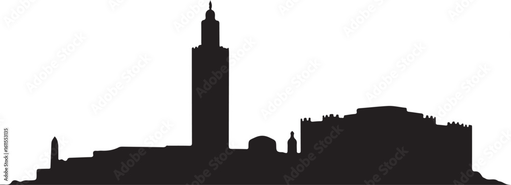 Obraz premium Black vector silhouette of Rabat skyline, includes Hassan Tower, Kasbah of the Udayas, Moroccan capital skyline in black on white