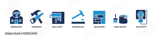 Home Makeover Essentials Icons set vector illustration blue  with Renovation, Carpentry, Wall paint, Hammer nail, Wallpaper, Paint bucket, Electricity