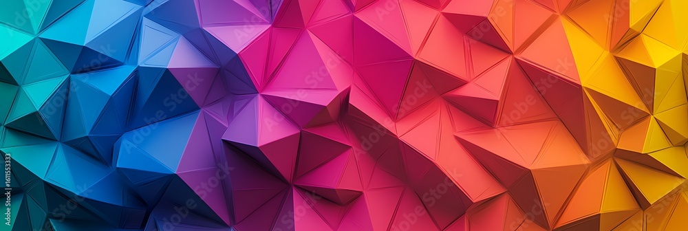 Obraz premium A vibrant geometric abstract design with interconnected triangular shapes in a gradient from blue to purple, red, orange, and yellow tones.