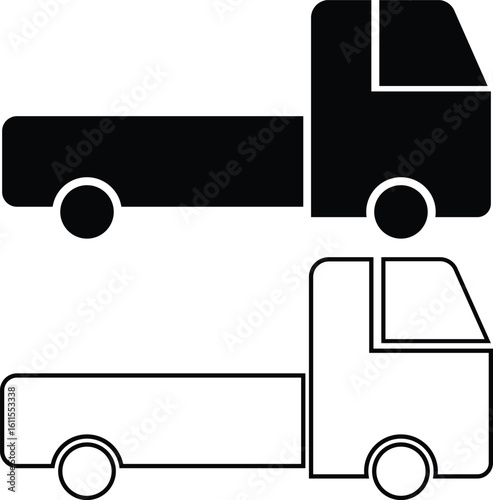 Minimalist vector icon set showing a flatbed truck in both black silhouette and outline style. Ideal for transport, logistics, delivery, and construction design themes.