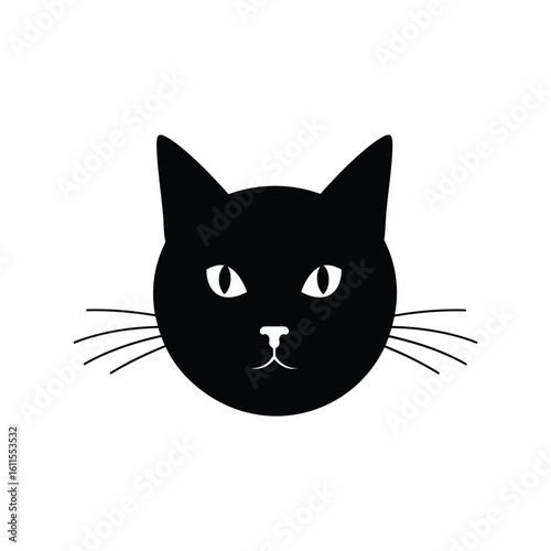 Black Cat Head Silhouette Icon with Whiskers Cute Pet Vector