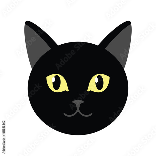 Cute Black Cat Face Icon with Yellow Eyes Vector Illustration Pet
