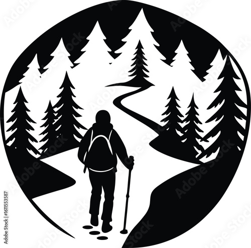 hiking vector silhouette illustration snowshoe hiker on snowy trail silhouette