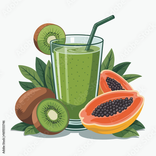 Green smoothie in glass with kiwi and papaya fruit illustration