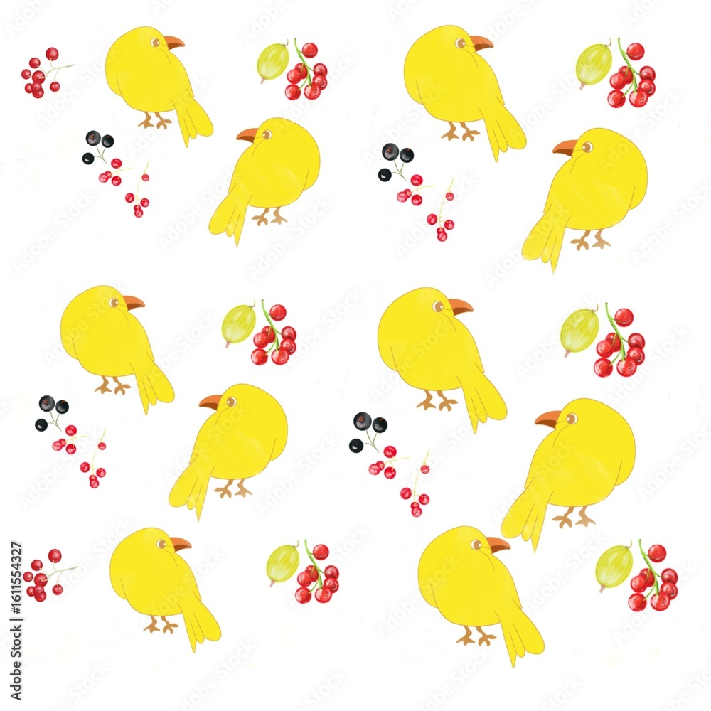 Obraz premium pattern with birds and berries, berries, pattern, set of berries, summer, food, vegetarian, bright, currant, yellow birds