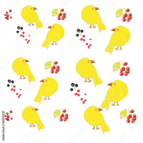 pattern with birds and berries, berries, pattern, set of berries, summer, food, vegetarian, bright, currant, yellow birds