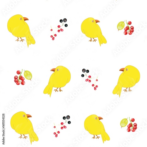 pattern with birds and berries, berries, pattern, set of berries, summer, food, vegetarian, bright, currant, yellow birds