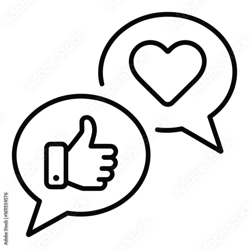  Social media engagement icons thumbs up and heart symbol in speech bubbles