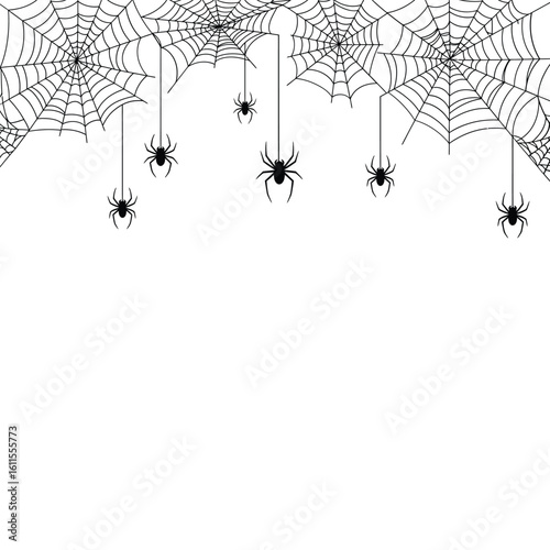 Spooky Halloween Spiderweb Border with Hanging Spiders Vector Illustration