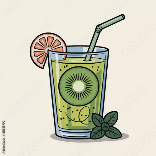 Kiwi and Citrus Fruit Drink with Straw and Mint Leaf Illustration