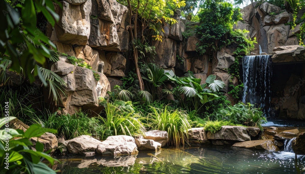 Fototapeta premium Lush Tropical Oasis with Waterfall and Rock Formation in Garden Setting