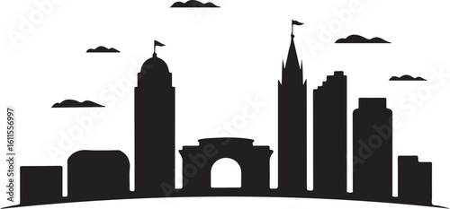 Black silhouette of Accra skyline, includes Independence Arch, modern skyline, Ghana capital in flat vector design