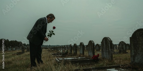 Man in suit holding a rose at a cemetery with rows of tombstones under an overcast sky in a field
