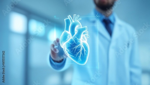 A doctor interacts with a holographic representation of a human heart, highlighting medical technology and healthcare.