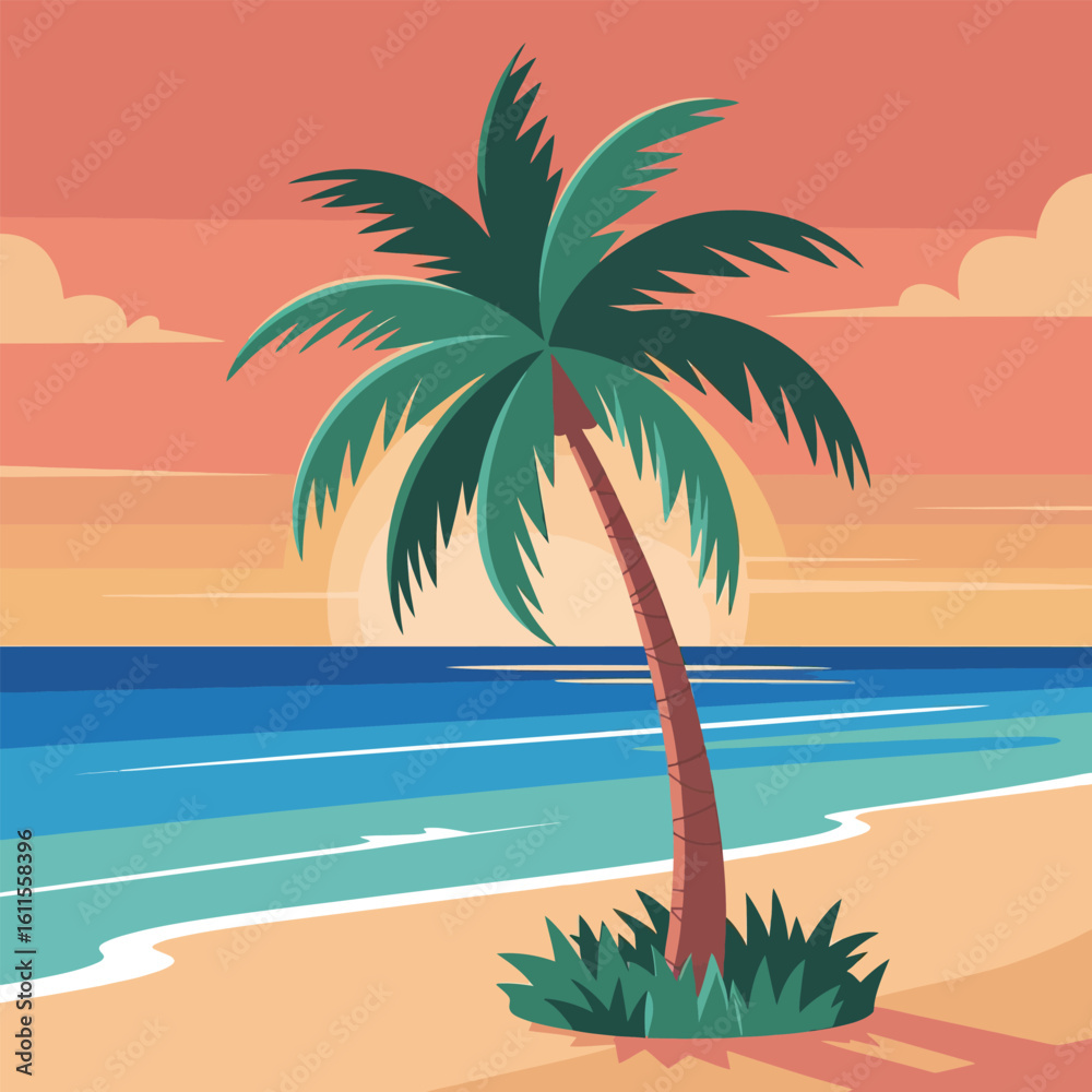 Obraz premium Palm Tree on Beach at Sunset Illustration ocean