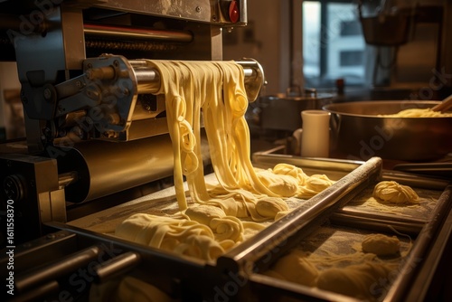 Fototapeta Naklejka Na Ścianę i Meble -  Fresh pasta being made by a machine in a restaurant kitchen