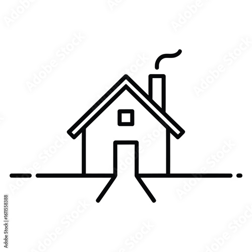 Simple line art illustration of a cozy house with a chimney and smoke
