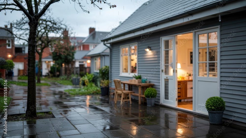 Fototapeta premium Cozy Rainy Day at a Modern Home with Patio