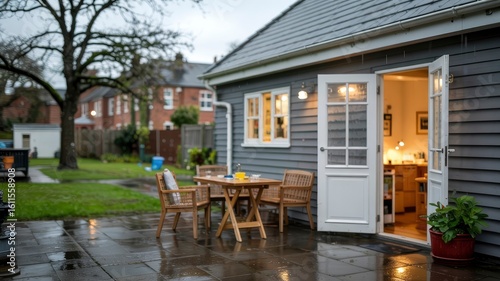 Cozy Patio with French Doors Leading to Home Office on a Rainy Day