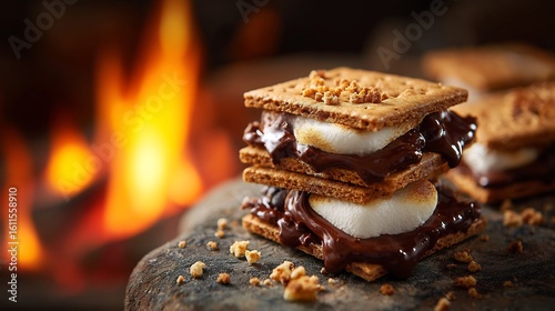 Smores toasted marshmallow melted chocolate and graham crackers by a glowing campfire