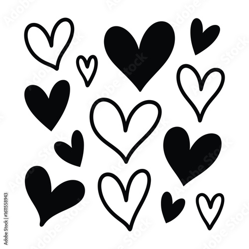 Black hand drawn hearts create a scattered, playful pattern on a clean white background