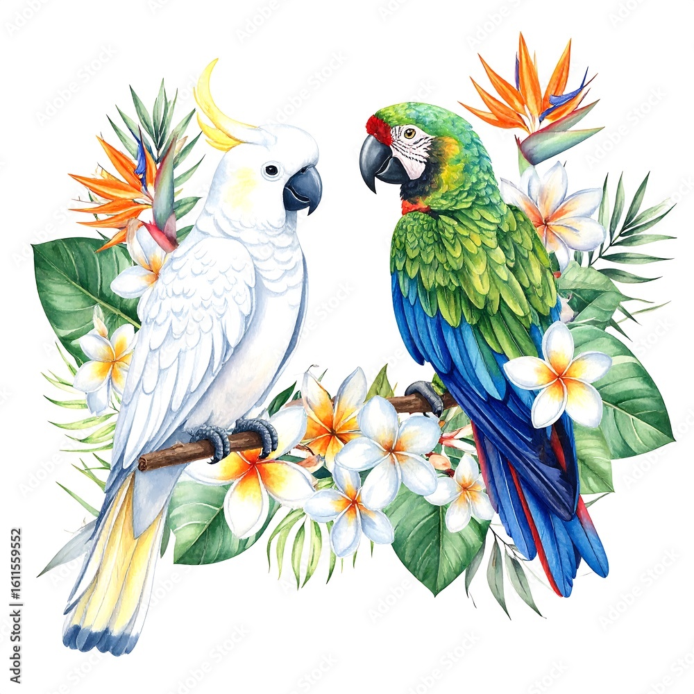 Obraz premium Tropical birds in floral wreath