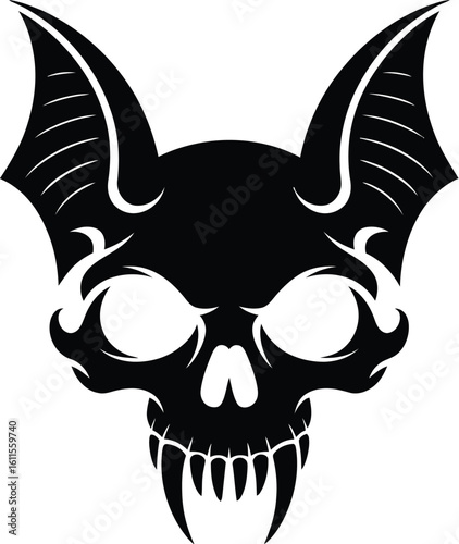Black bat skull with sharp fangs and large ears white