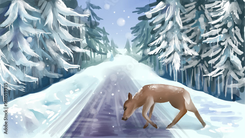 Winter forest with deer. Winter landscape. Detailed watercolor style illustration vector 