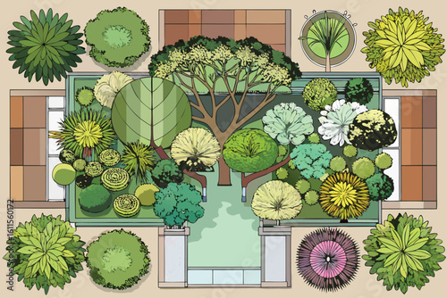 Overhead Garden Plan Illustration Featuring Trees Shrubs and Decorative Elements