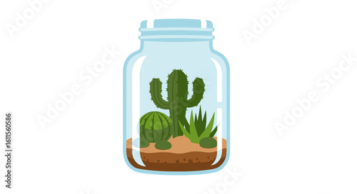A charming glass jar terrarium with a variety of green cacti and succulent plants, depicted in a clean, flat vector style.