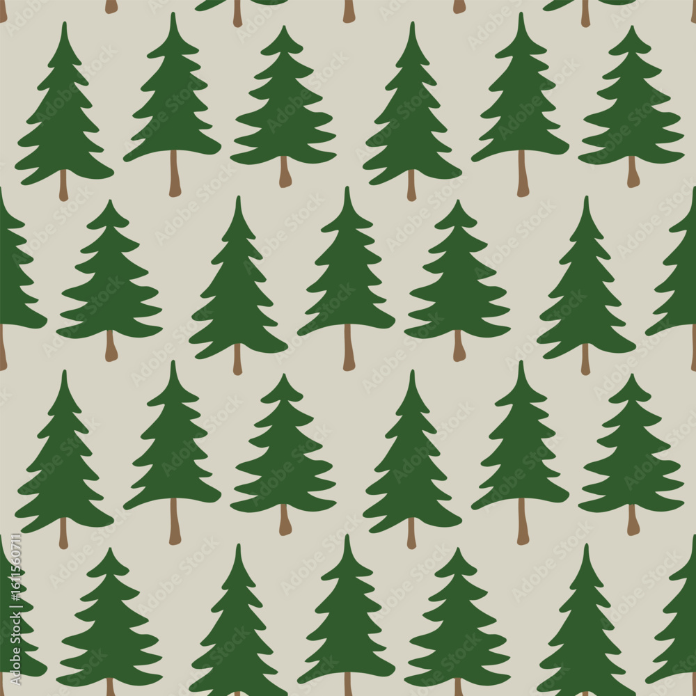 Obraz premium Repeating Pattern of Green Pine Trees on Beige Background