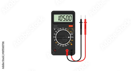 Black digital multimeter with LCD screen, rotary selector dial, and red and black test probes. Electronic measuring instrument vector illustration.