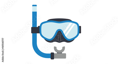 Blue and black snorkeling mask with attached snorkel, flat vector icon style.