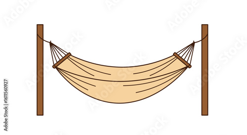 Empty beige fabric hammock with spreader bars suspended between two brown wooden posts.