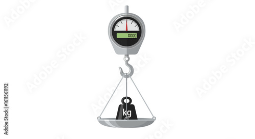 Industrial hanging scale with a hybrid analog-digital display, hook, and a kilogram weight on its pan.