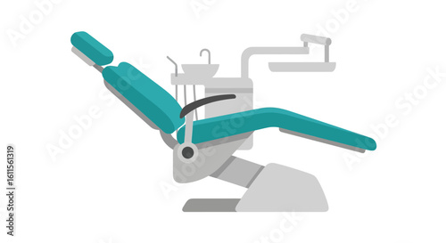 Modern teal dental examination chair with attached equipment, flat vector illustration style.
