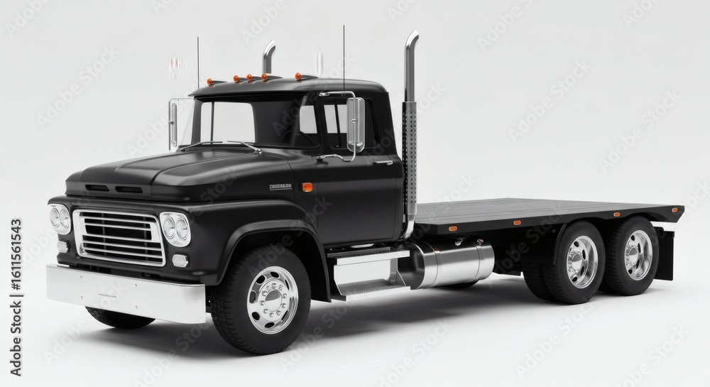 Fototapeta premium Classic Black Flatbed Truck on White Background in Studio Lighting