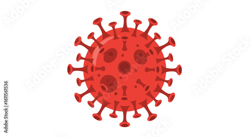 Stylized red coronavirus particle illustration with prominent spike proteins and surface details.