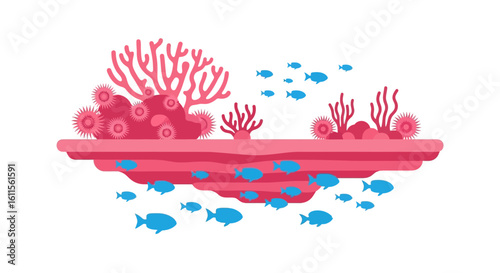 Vibrant pink coral reef with sea anemones and schools of swimming blue fish in a flat vector style.