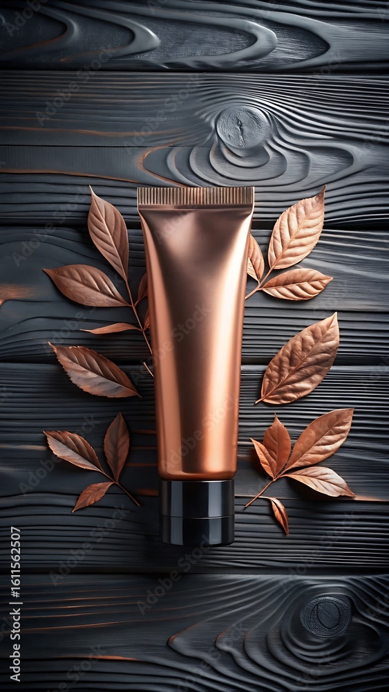 Obraz premium A bronze cosmetic tube surrounded by autumn leaves on dark wood