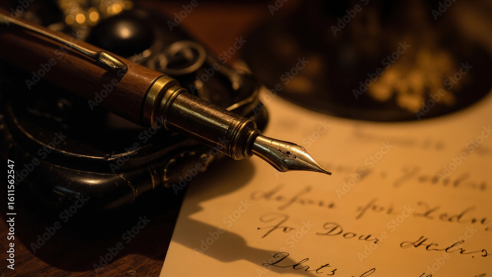 Fototapeta premium Antique fountain pen resting on a black inkwell with handwritten script on aged paper in warm lighting