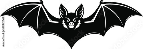Black bat spreading wings white flying