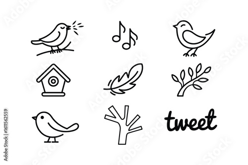 Simple line art icons of birds musical notes and nature elements singing bird birdhouse