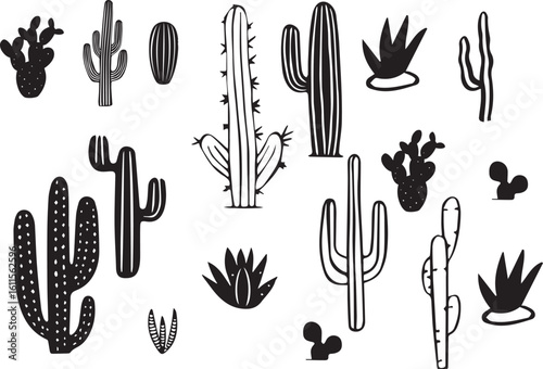 a set of cactus plants in blue and white