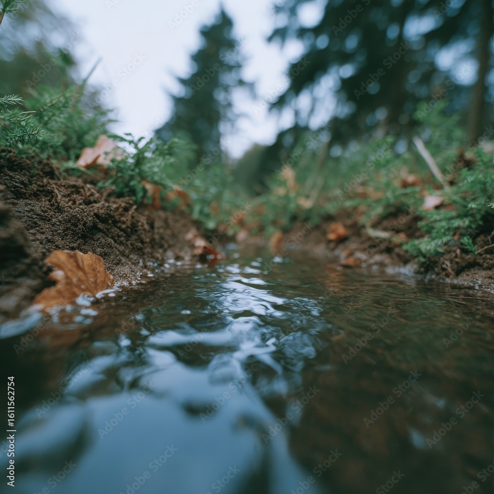 Fototapeta premium Forest river during autumn with fallen leaves, small animals hiding in brush