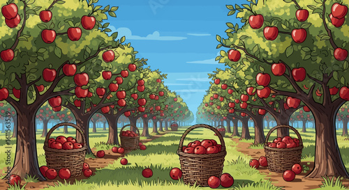 A vibrant orchard scene, with rows of apple trees laden with ripe fruit, and baskets filled with apples.