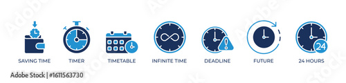 Time Optimization Icons set vector illustration blue with Saving time, Timer, Timetable, Infinite time, Deadline, Future, 24 hours