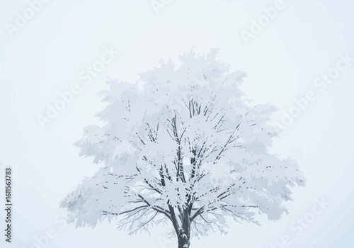 A frost-covered tree stands against a pale winter sky.